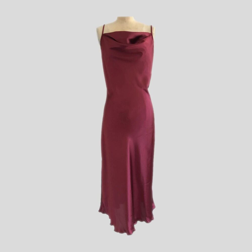 Vintage 2000s Burgundy Satin Sleeveless Knee Length Slip Dress, Womens Size M
